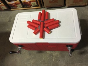 Jockey Box with red shrinks arranged on the lid to look like a maple leaf