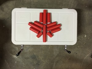 Jockey Box with red shrinks arranged on the lid to look like a maple leaf